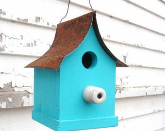 Rustic Birdhouse, Decorative Bird House, Wood Birdhouse, Cottage Birdhouse, Garden Bird House, Blue