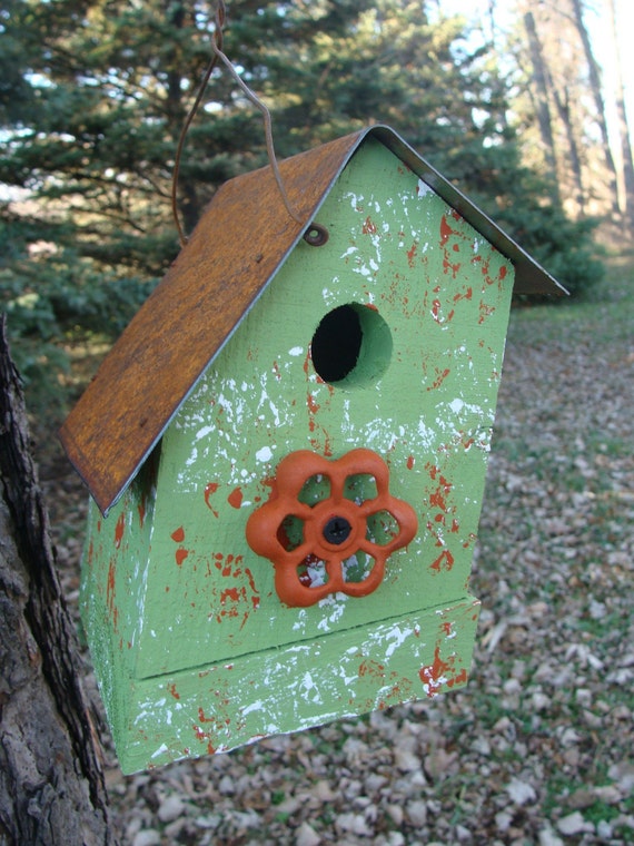 Mothers Day Special Quirky Birdhouse Rustic Lime Cottage Orange Faucet