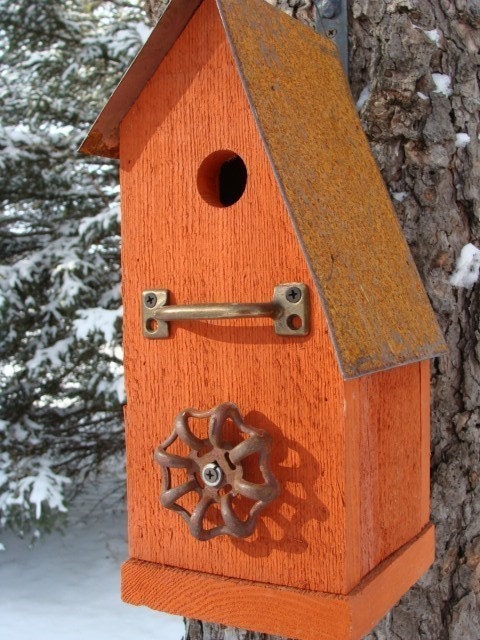 Rustic Orange Birdhouse Recycled Vintage Farm Junk