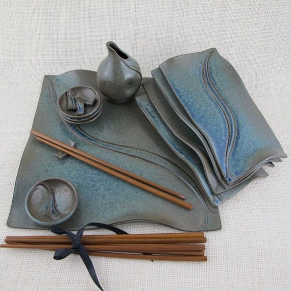 Handmade Ceramic Pottery Sushi Set for 4 in Blue Glaze over