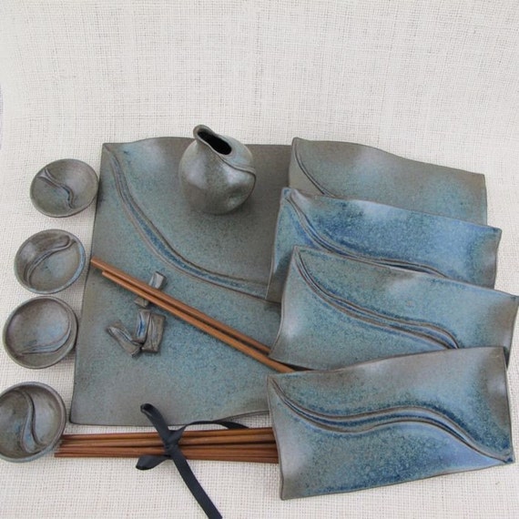 Handmade Ceramic Pottery Sushi Set for 4 in Blue Glaze over