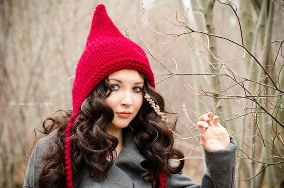 Hand Knit Hat Womens Hat - Pixie Hat in Red Cranberry - Chunky Knit Winter Fashion Accessories Oversized Knit
