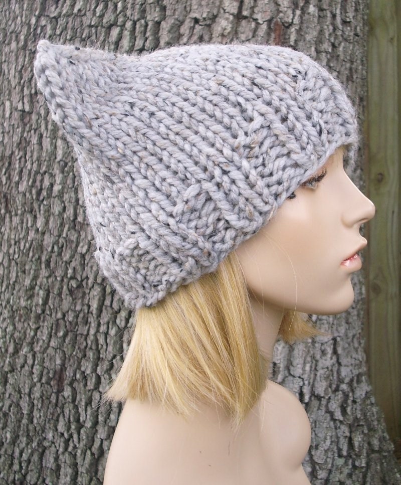 Knit Hat Womens Hat Grey Cat Beanie Hat in Tweed by pixiebell