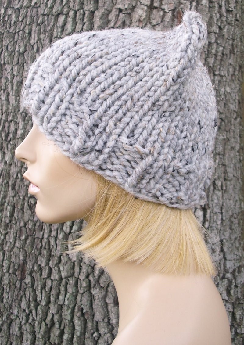 Knit Hat Womens Hat Grey Cat Beanie Hat in Tweed by pixiebell