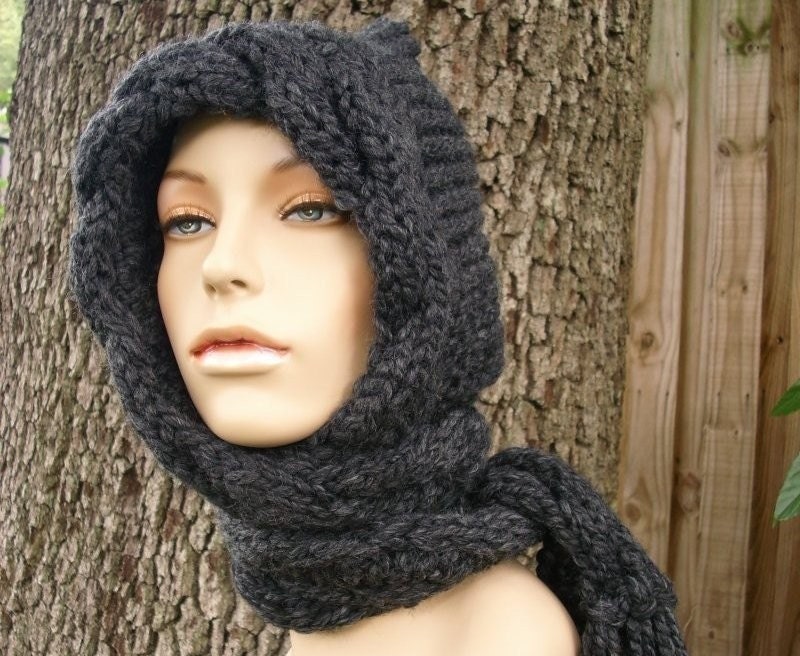 Knit Hat Womens Hat Cable Scarf Hat in Charcoal Grey