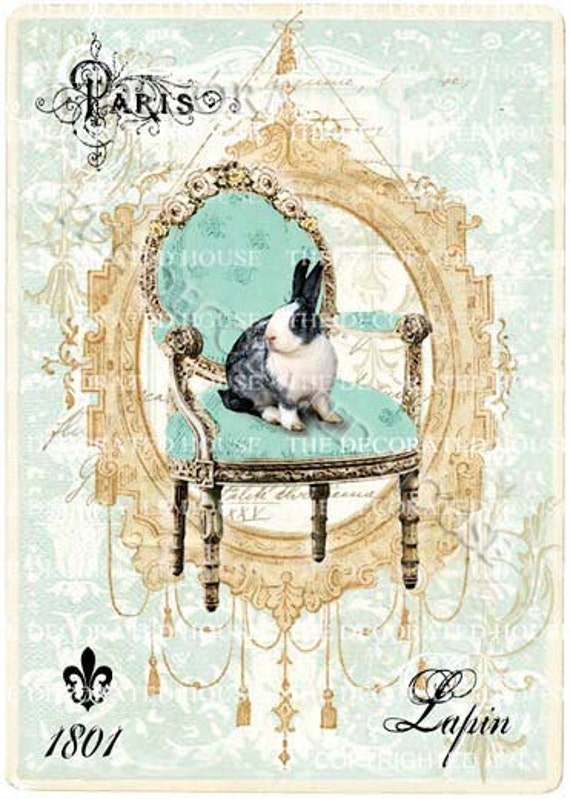 BUNNY Rabbit in FRENCH Chair Art Print. Aqua by TheDecoratedHouse