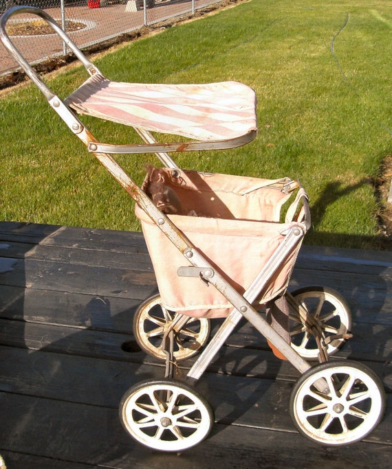Shabby Chic Vintage Doll Stroller Pink Awning Stripe