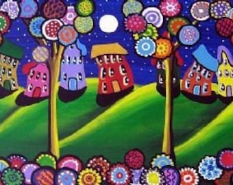 Whimsical Trees Blossoms Funky Houses Fun Colorful Folk Art Giclee Print