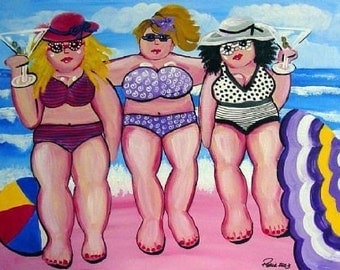 3 Large Beach Divas Fun Folk Art Giclee Print
