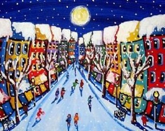 Christmas Shoppers Shops City Street Folk Art Giclee Print