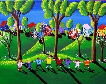Red Rover Kids Fun Folk Art Green Canvas Print