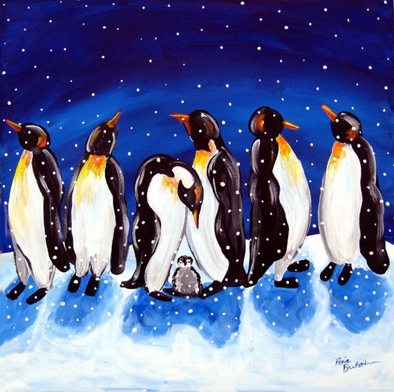 Download Items similar to Penguin Party Winter Snow Fun Folk Art ...