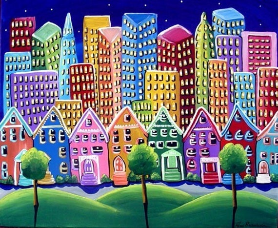 Colorful Funky Cityscape Fun Whimsical Folk by reniebritenbucher