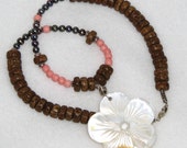 Island Princess, necklace, mother of pearl, coral, salwag seeds, by melanie j cook