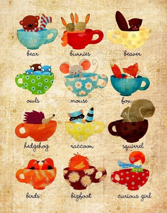 Children's Wall Art - Teacups in the Little Forest Print - Owl Fox Hedgehog Mouse Nursery Decor Kids Room