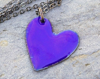 Enamel Heart Pendant Necklace Copper Enameled Jewelry Cobalt Blue