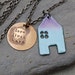 House Pendant Copper Enamel Home Necklace Handstamped Brass Tag Enameled Light Blue Purple - Love Lives Here