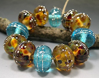 HANDMADE LAMPWORK GLASS Beads Donna Millard autumn fall winter blue gold brown Casa Grande