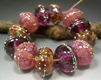 HANDMADE LAMPWORK GLASS Bead Set Donna Millard Brandywine Cranberry Wine Pink brandy gold topaz spring