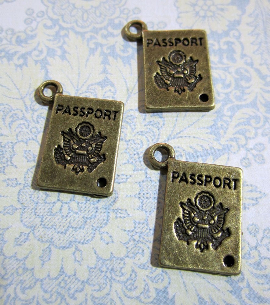 10 passport pendant charms, brass plated, 12x16mm wide (lead and nickel free)