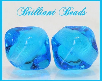 Transparent Aqua Bicone Glass Beads - Handmade Lampwork Bead Pair SRA, Made To Order