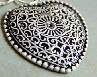 Filigree Heart Necklace- porcelain pendant in black and white