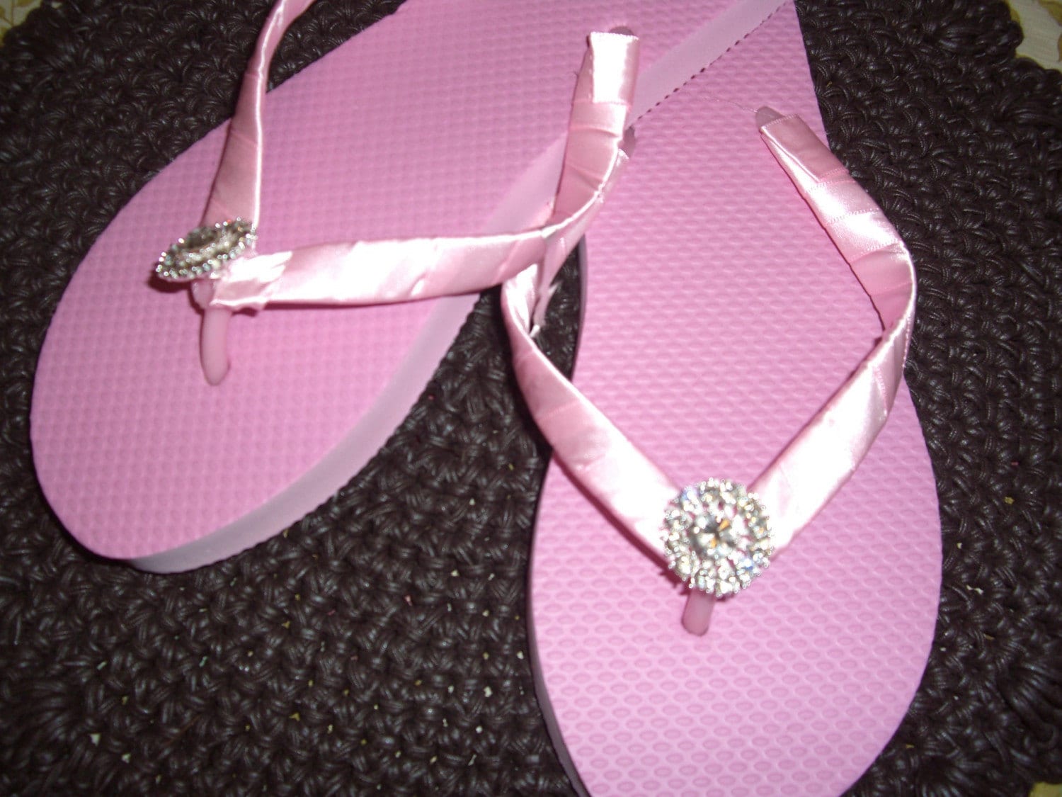 Pink Flip Flops with Light Pink Satin Ribbon and Rhinestone