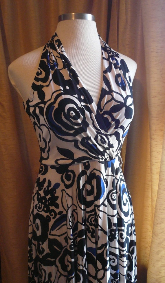 Vintage halter print dress black white and blue floral by LoveCyn