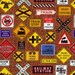 Dan Morris, Just Train Crazy, Train Signs on Brick Fabric - By the Yard