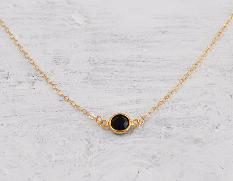 Gold black crystal necklace round jet black gem delicate by edor