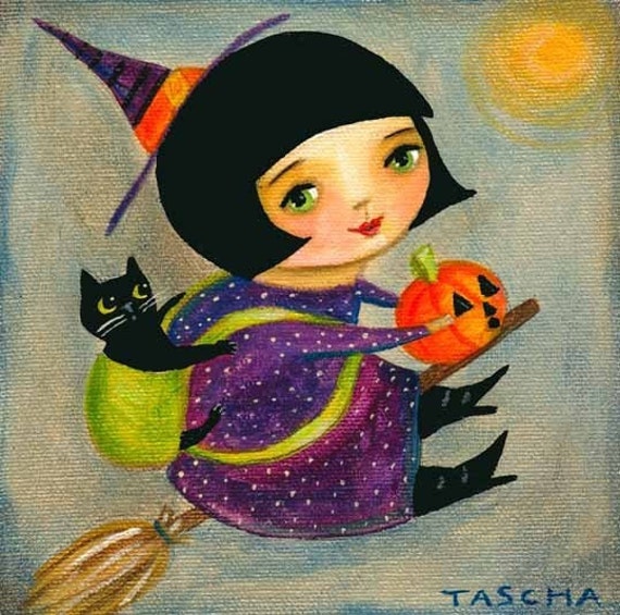 HALLOWEEN WITCH With Black Cat And Pumpkin PRINT Poster Of