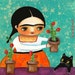 FRIDA KAHLO with cactus plants and black cat PRINT from painting by tascha