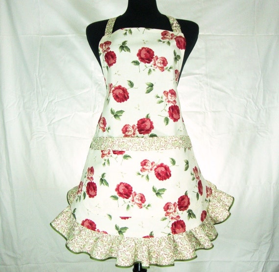 Antique Roses Full Apron with Flounce and Pocket