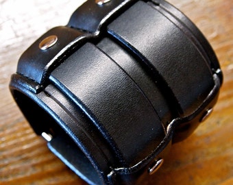 Leather cuff Bracelet Black wide Rocker Armband Custom made for YOU in NYC by Freddie Matara