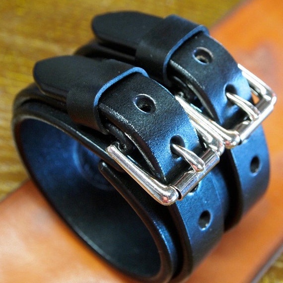 Leather cuff bracelet Black bridle leather Wristband with double straps handmade for You in NYC by Freddie Matara