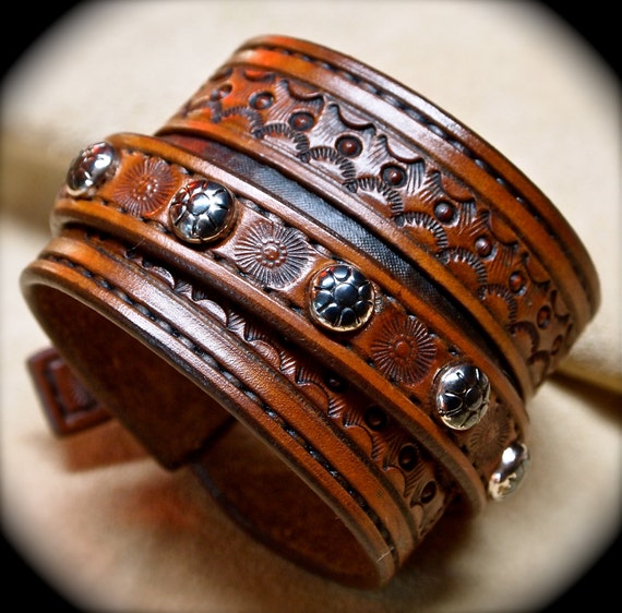 Leather cuff bracelet Custom hand tooled Suntan brown Made for YOU in NYC by Freddie Matara