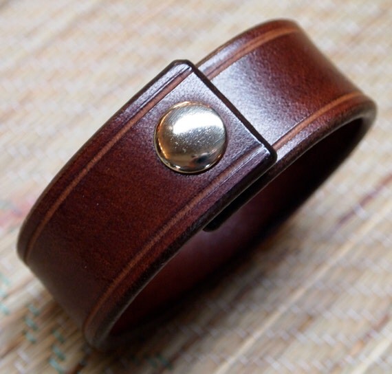 Brown leather bracelet snap cuff beautiful American Bridle leather scribed and Sexy and luxurious Made in NYC by Freddie Matara