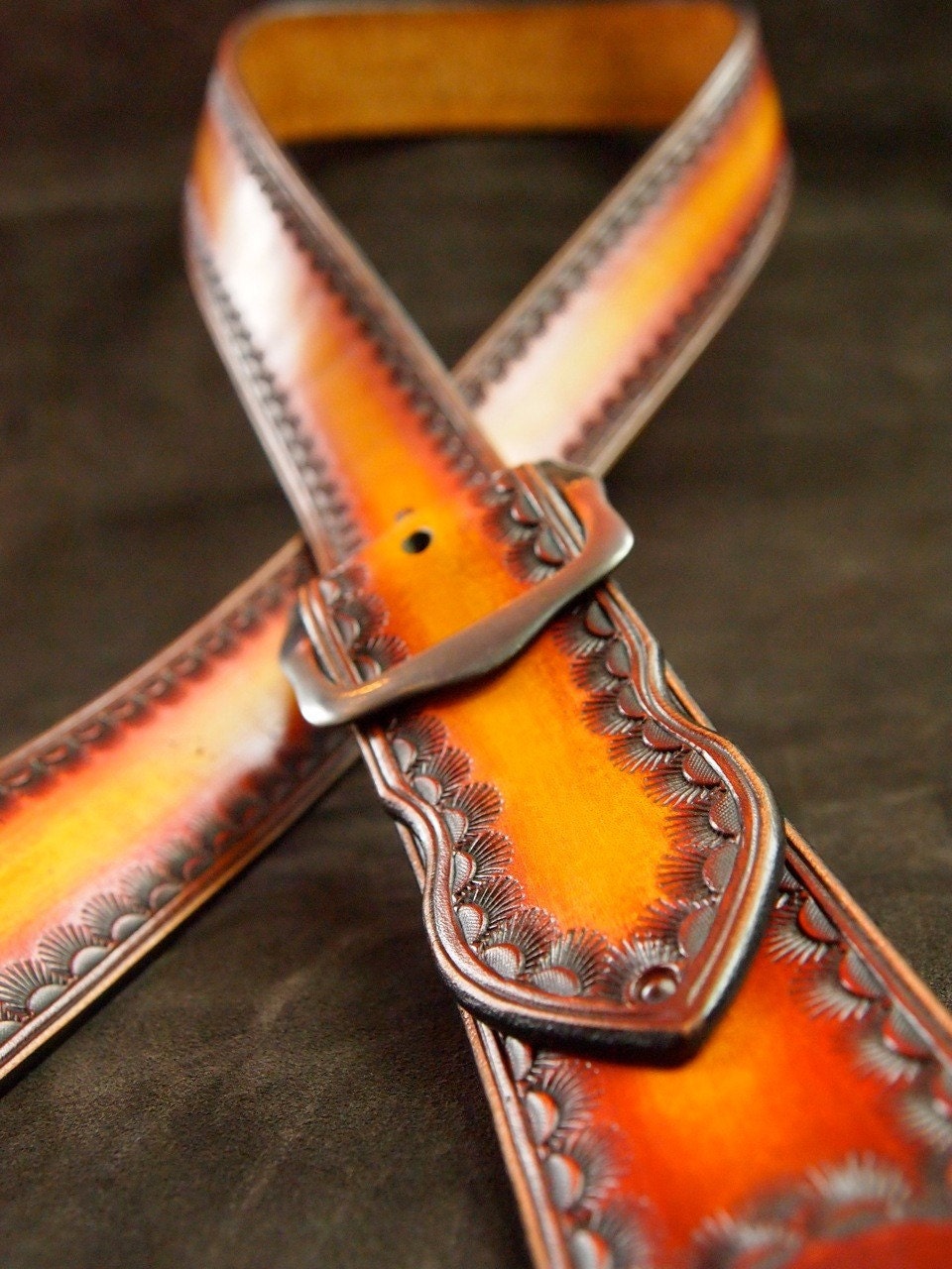 Leather guitar strap Hand tooled Hand dyed by MataraCustomLeather