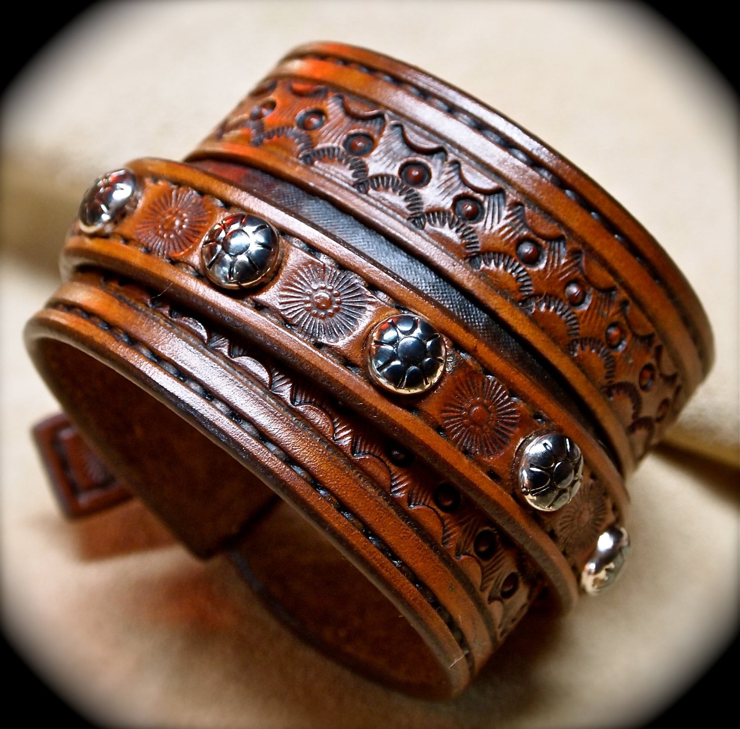 Leather cuff bracelet Custom hand tooled Suntan brown Made for YOU in