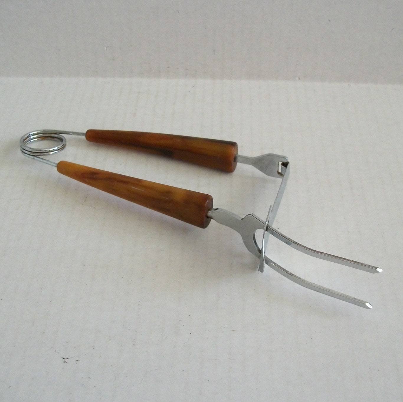 Vintage Meat Fork with Pusher Brown Plastic Handles