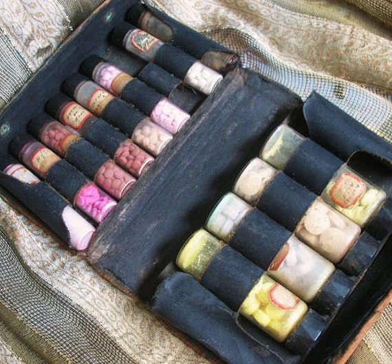 Antique pharmaceutical carrying case with original pills