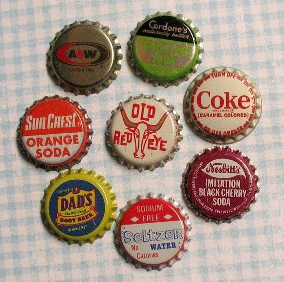 8 vintage bottle caps variety of RARE 1940s by HummingbirdEyes