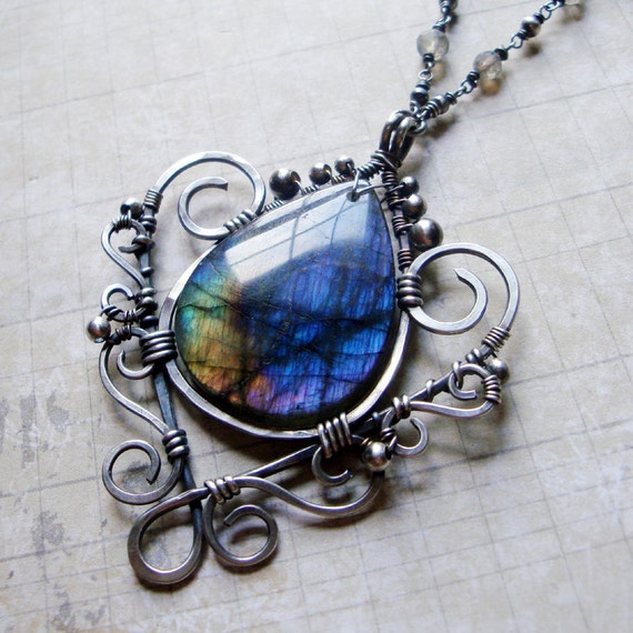 Ananda Ornate Rainbow Labradorite Necklace in Sterling