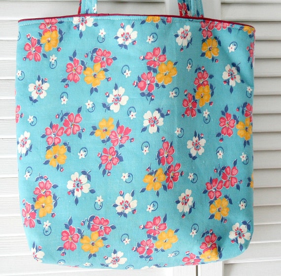 Vintage Tablecloth and Feedsack Patchwork Tote Bag Purse