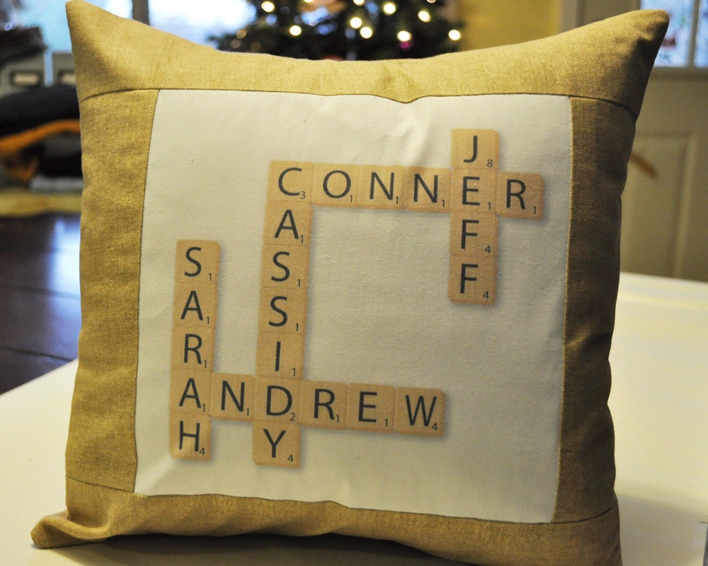 Family name scrabble pillow case by TheFroggyBog on Etsy