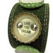 RESERVED For Harriette - EcoCuff - "Live The Dream" and Other Microbrew Bottle Cap Messages on Green Suede Leather Band - OOAK