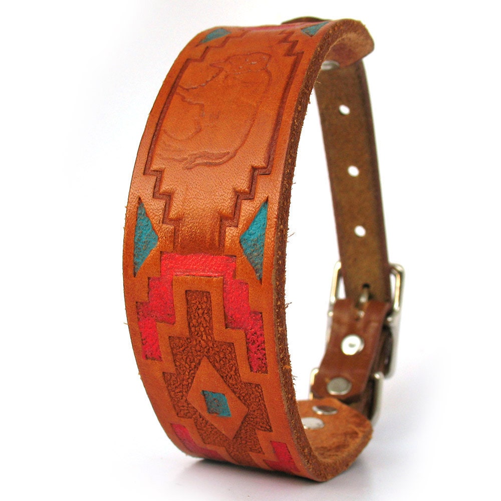 Leather Dog Collar with Native American Tribal Tooling Small
