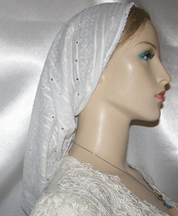 Snood Head Covering White Eyelet Head Wrap Headcovering