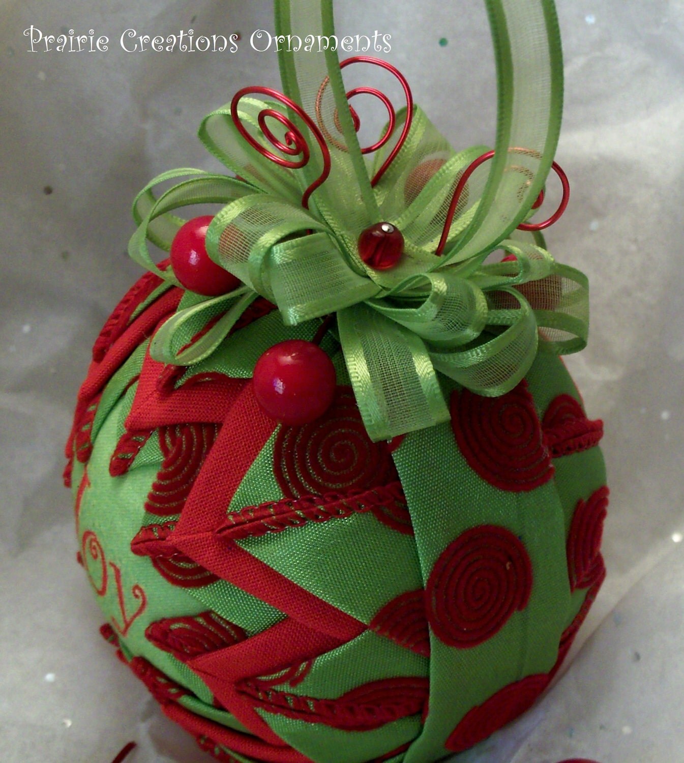 Lime Green and Red Swirls Quilted Ornament Joyful Whimsy