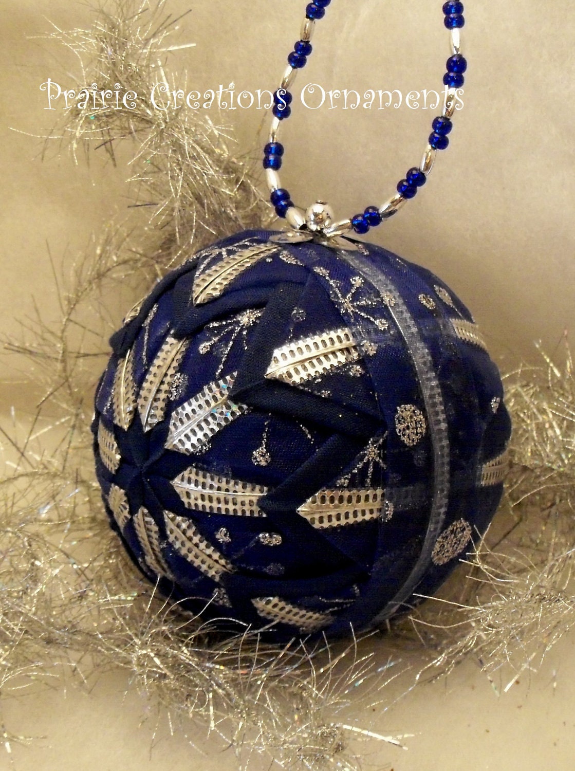 Quilted Christmas Ball Ornament Bright Blue & Silver